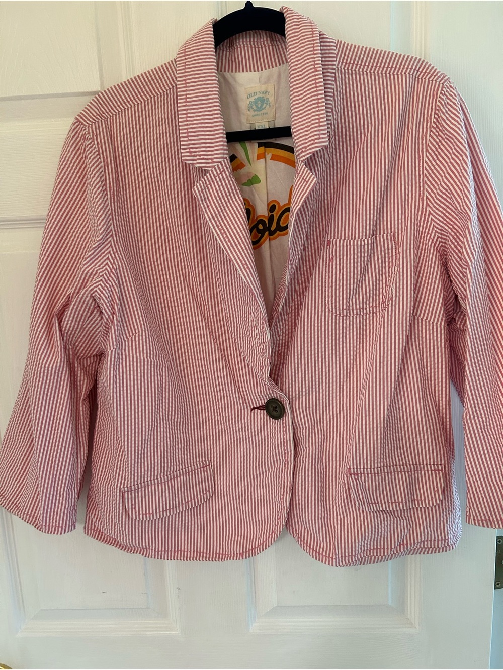 Old Navy Pink and White Striped Seersucker Blazer